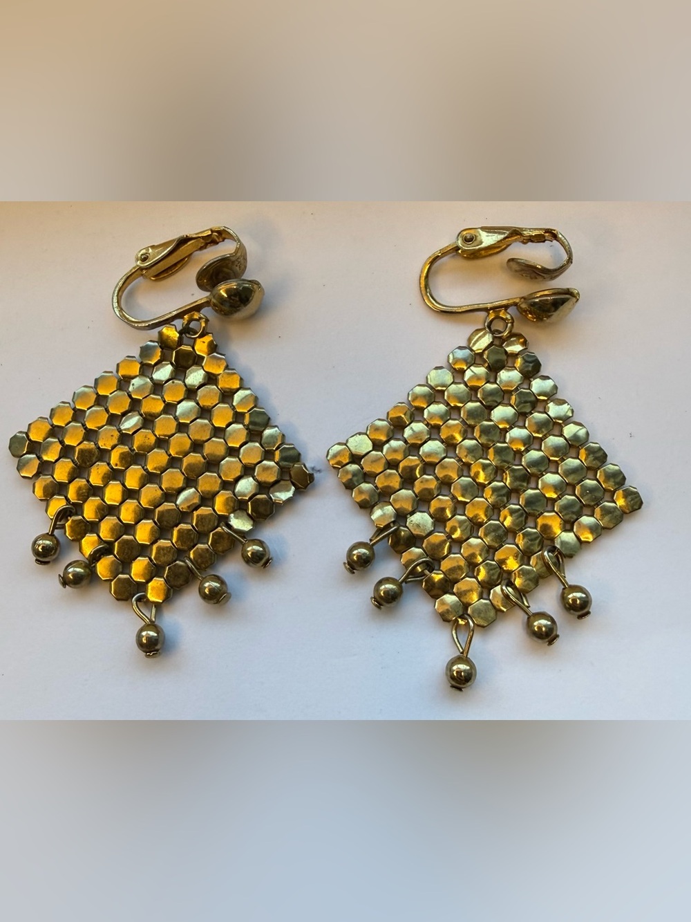 Vintage Gold Liquid Mesh Diamond Dangle Clip On Earrings Pat 3176474